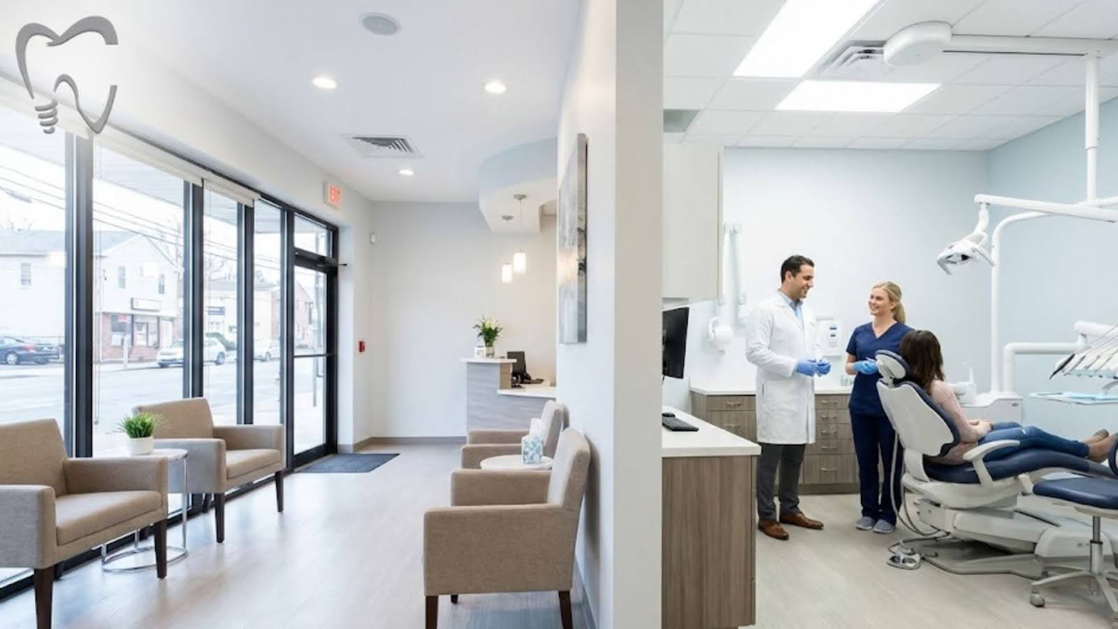  Modern Kearny NJ dental clinic with a bright waiting area and dentist consulting with a patien